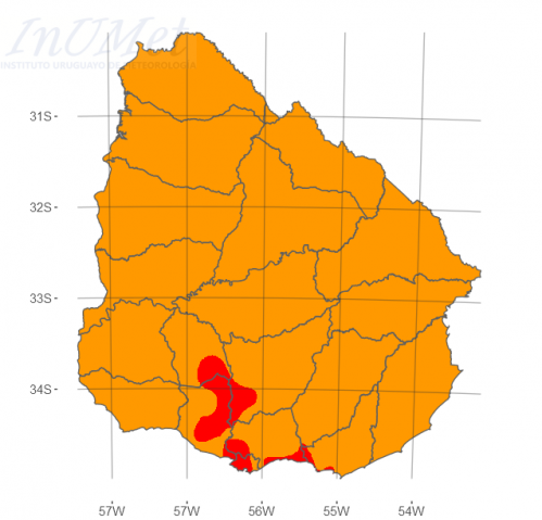 Mapa del riesgo de incendio forestal en todo el país: en anaranjado riesgo Alto; las zonas en rojo, riesgo Muy Alto.